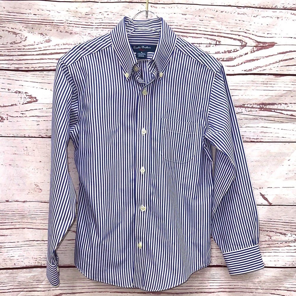 Brooks Brothers Boy’s Fleece Non-Iron Cotton Blue & White Dress Shirt Size 8